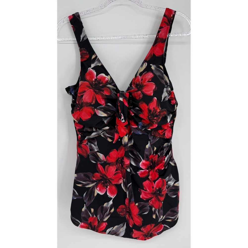 Suddenly Slim by Catalina Womens Red Floral Tankini Top Black Ruched Sz 2X